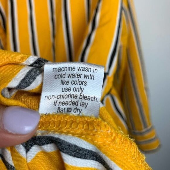 Backwoods Blouse Yellow Black white Button Down Striped Tie front long sleeve M - Picture 6 of 11